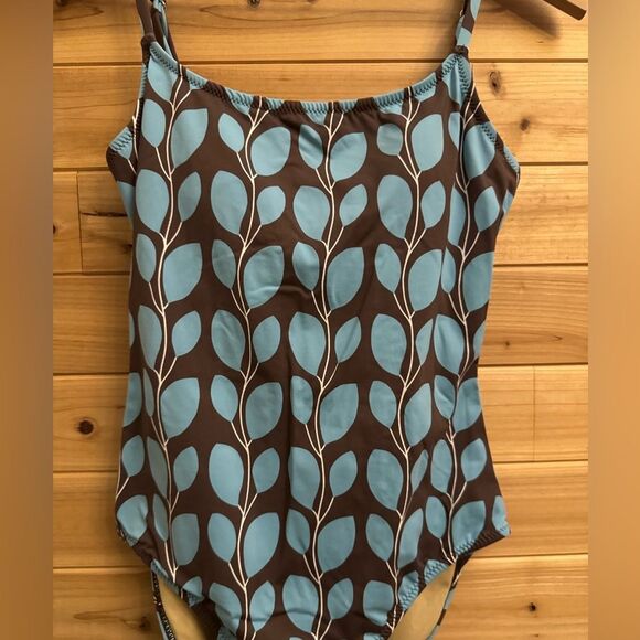 Garnet Hill Size 8/Medium Brown Blue Floral Leaf Pattern One Piece Swimsuit - Picture 5 of 14